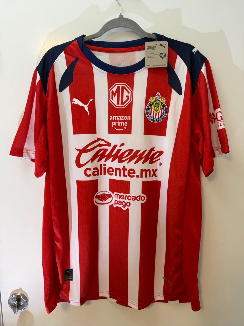Puma Red & White Striped Kids Soccer Jersey with Navy Accents